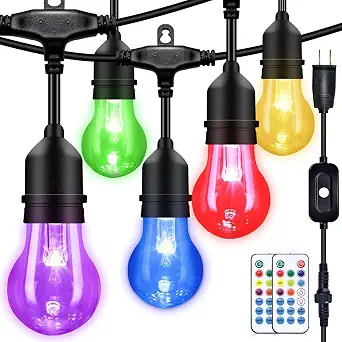 48FT Outdoor RGB String Lights with 16 Shatterproof Edison Bulbs, Dimmable Color Changing Patio Lights with Remote Control