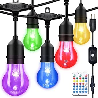 48FT Outdoor RGB String Lights with 16 Shatterproof Edison Bulbs, Dimmable Color Changing Patio Lights with Remote Control