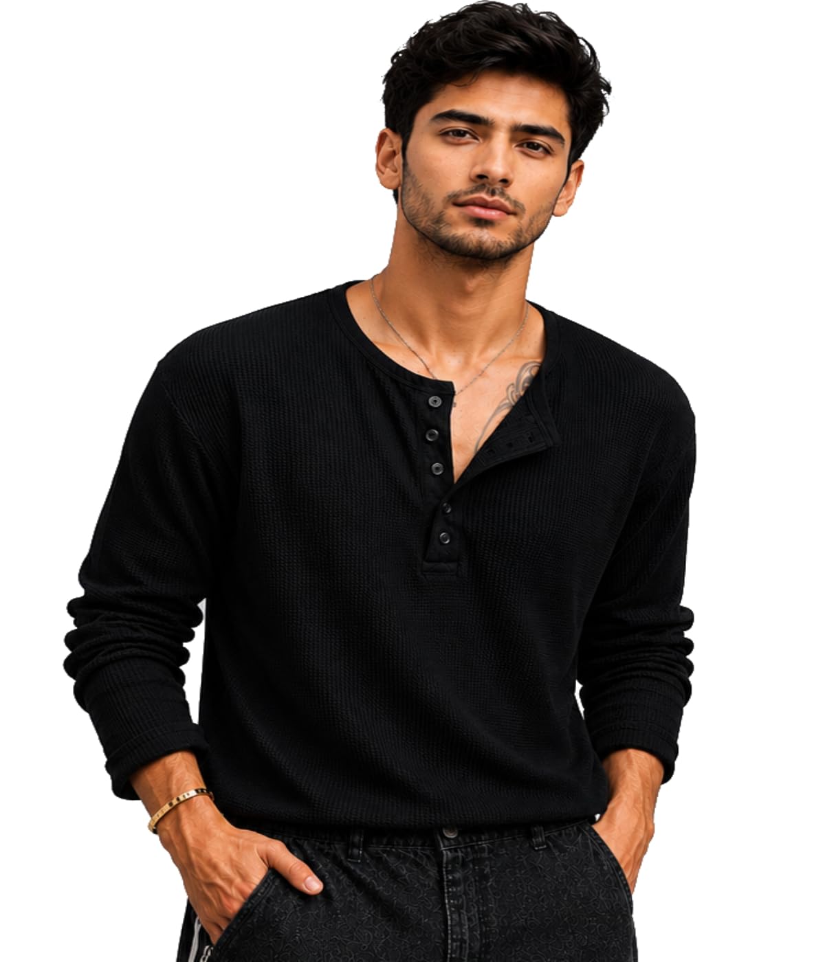 Men's Textured Fabric Solid Color Basic Half-Open Collar T-Shirt, Fall Long Sleeve Men Shirt | Tshirt for Men-image-1