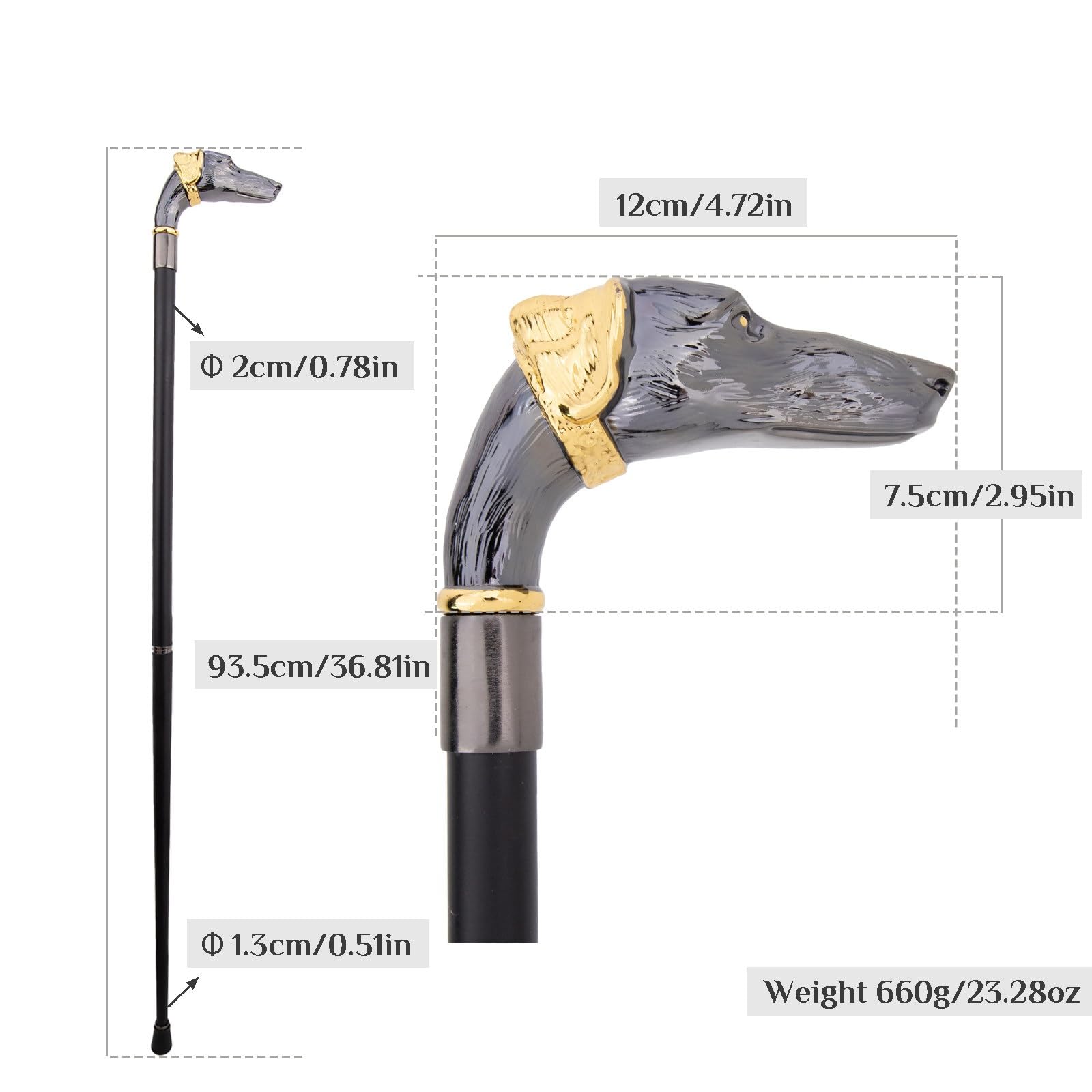 Baston de Caminar Cabeza Galgo Gris Dorado – Estilo Británico, Bastón Elegante y Lujo para La Excursión, El Cosplay, Uso Diario Regalo