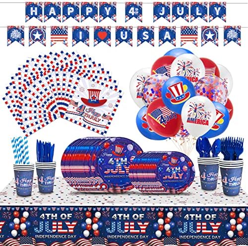 200pcs 4th of July Party Supplies Pack -Tablecloths, Plates, Napkins, Cups, Straws, Flatware Set (Serves 16), Banner, Balloons for Independence Day Party/July Fourth Patriotic Party Veterans Memorial Day