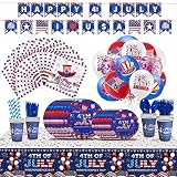 200pcs 4th of July Party Supplies Pack -Tablecloths, Plates, Napkins, Cups, Straws, Flatware Set (Se