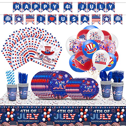 200Pcs 4Th Of July Party Supplies Pack -Tablecloths, Plates, Napkins, Cups, Straws, Flatware Set (Serves 16), Banner, Balloons For Independence Day Party/July Fourth Patriotic Party Veterans Memorial Day #TOP18