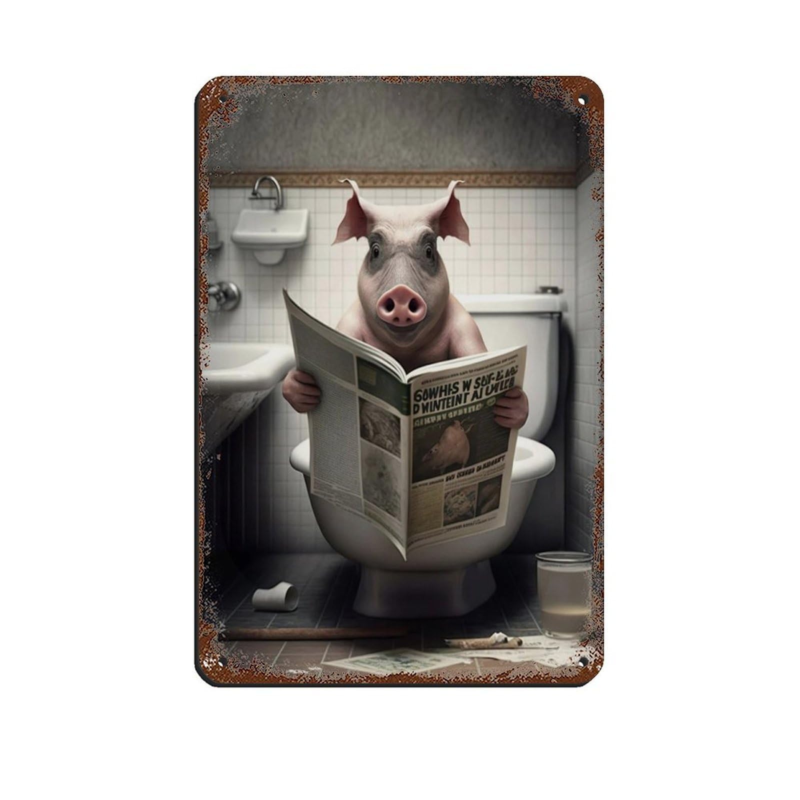 Pig Sitting on The Toilet Reading A Newspaper (2) Tin Sign Vintage Metal Pub Club Cafe Bar Home Wall Art Decoration Poster Retro 8x12inch(20x30cm)