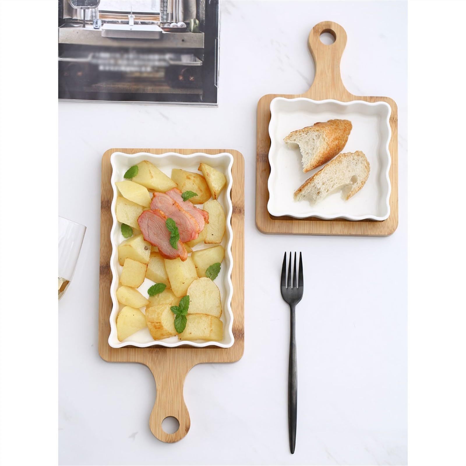 Lasagne Auflaufform Keramik-Backform for Käse, gebackener Reis, Backplatte for Zuhause mit Holzmatte, verbrühungssicherem Griff Auflaufformen(650ml)