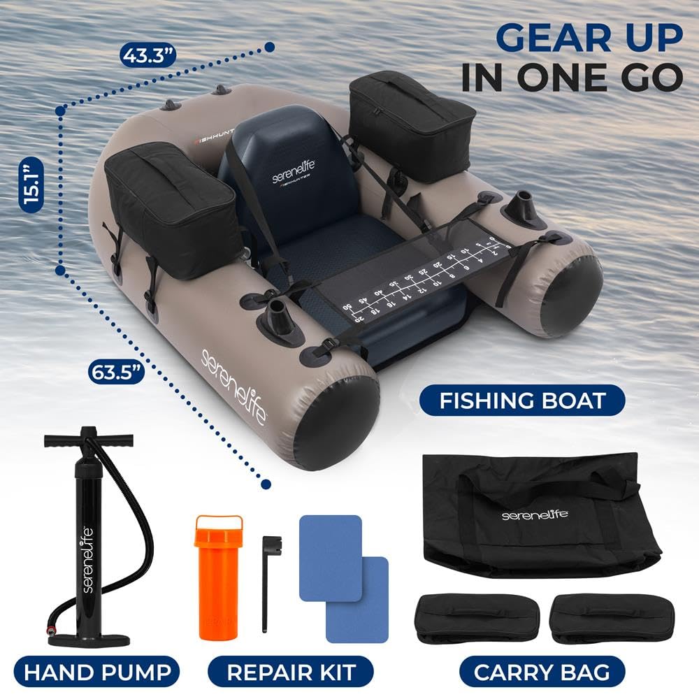 SereneLife Nadmuchiwana tuba wędkarska – ponton typu float tube z PVC do wędkowania z uchwytem na wędkę, 2 wodoodpornymi kieszeniami do przechowywania, miarką wędkarską i udźwigiem do 220 lb