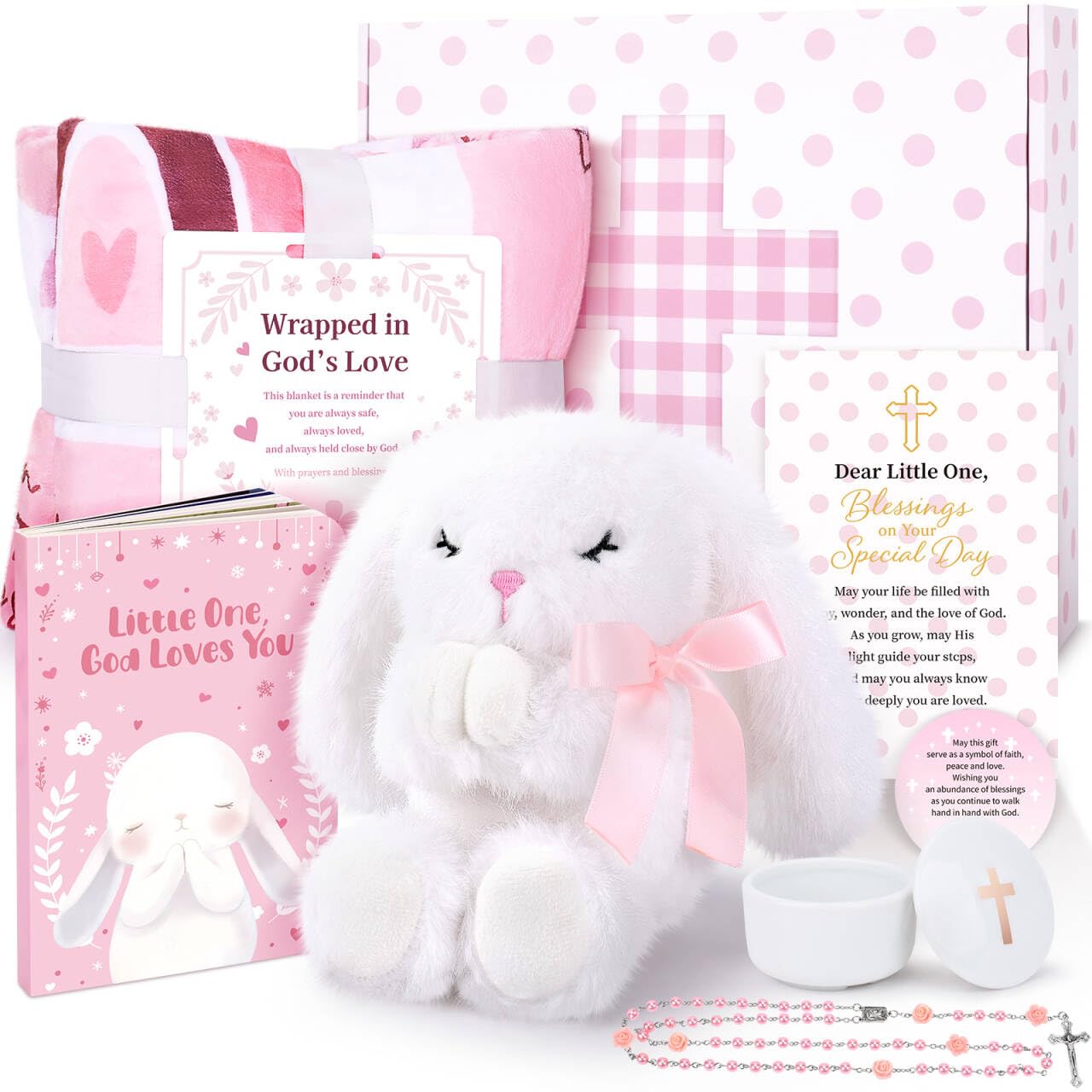 Baptism Gifts for Girl Baptism Gifts Baby Girl Christening Gift, Christening Stuffed Animal Bunny, Baby Dedication Gift, First Rosary Beads, Prayer Book, Keepsake Blanket, Baptism Gift Set (Pink)