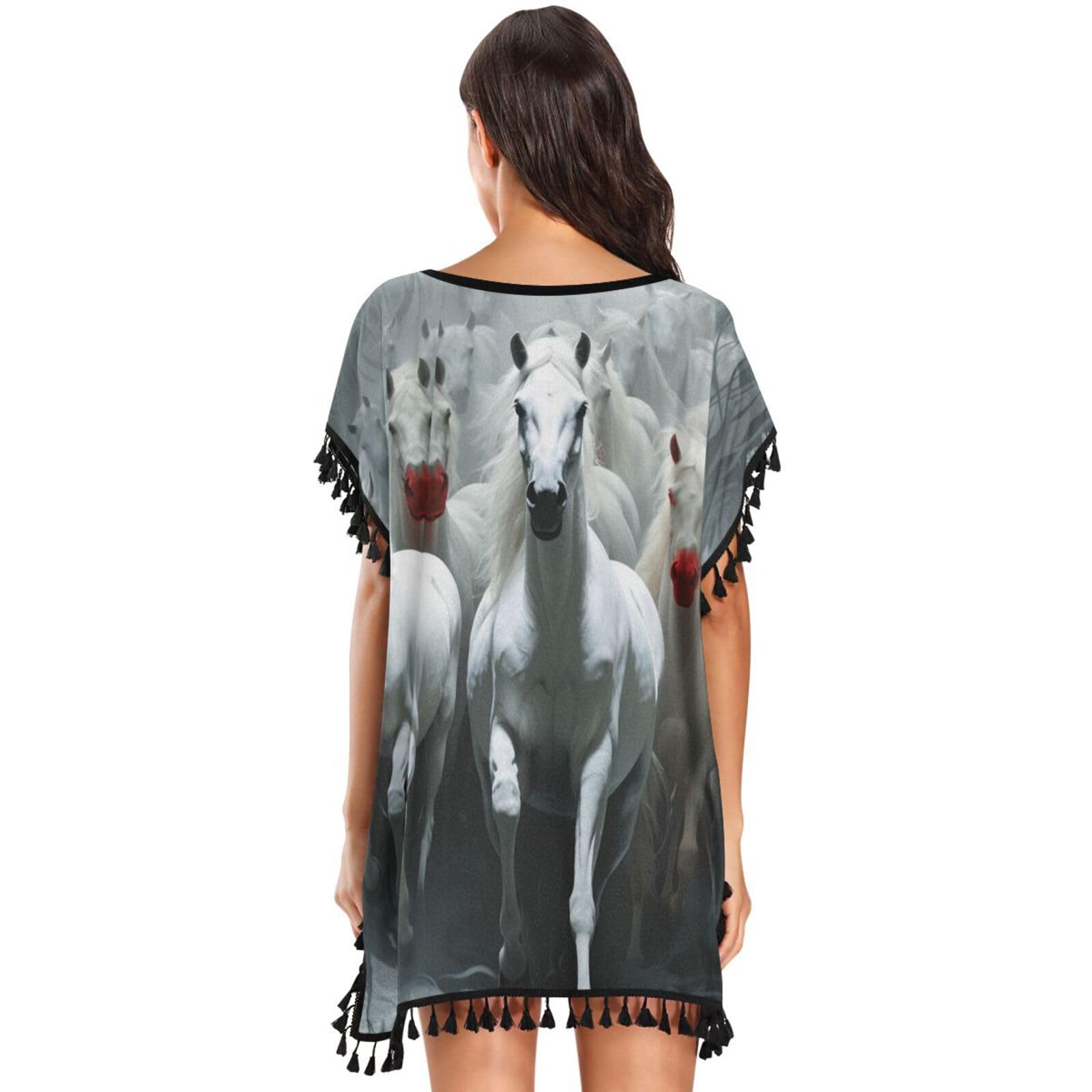 KAAVIYO White Majestic Horses Women's Beach Cover Up Chiffon Tassel Swimwear Swimsuit Coverups for Girl