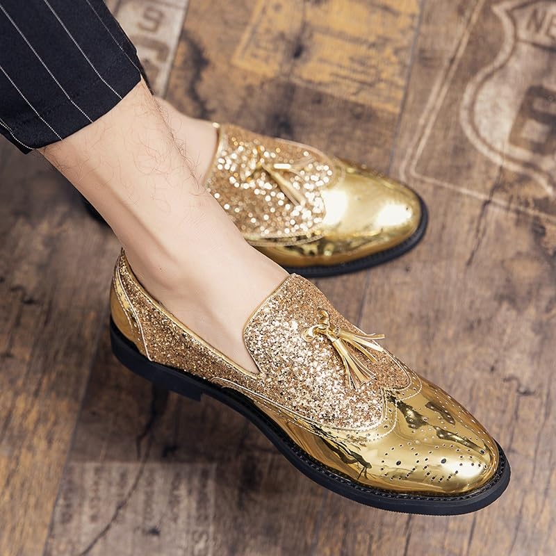 HOOENG Formal Shoes for Men Slip On Round Toe PU Leather Brogue Embossed Patchwork Tassel Non Slip Anti-Slip Block Heel Working(Color:Golden,Size:12)2