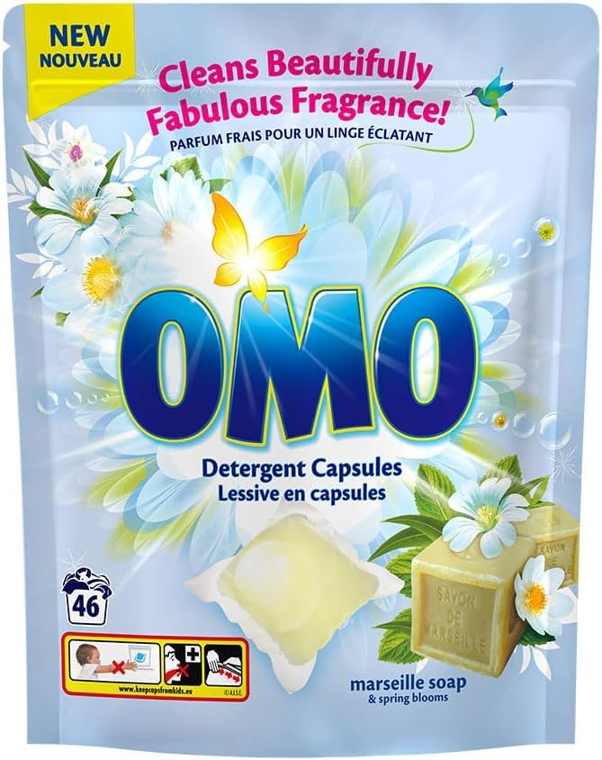 OMO Marseille Soap Capsules - 168 Capsule (42 Capsule x 4 Pack) 20g Each - Powerful Stain Removal with Long-Lasting Fragrance, Up to 14 days of wash-to-wash freshness, Dissolves fast