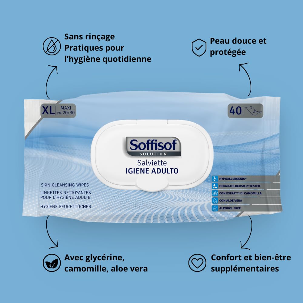 Soffisof Lingettes Hygiène Adulte XL - 240x Lingette Nettoyantes Corps - Adultes, Personees Agées, Patients Alités - 240 Soffisof Extra Larges, 6 Paquets