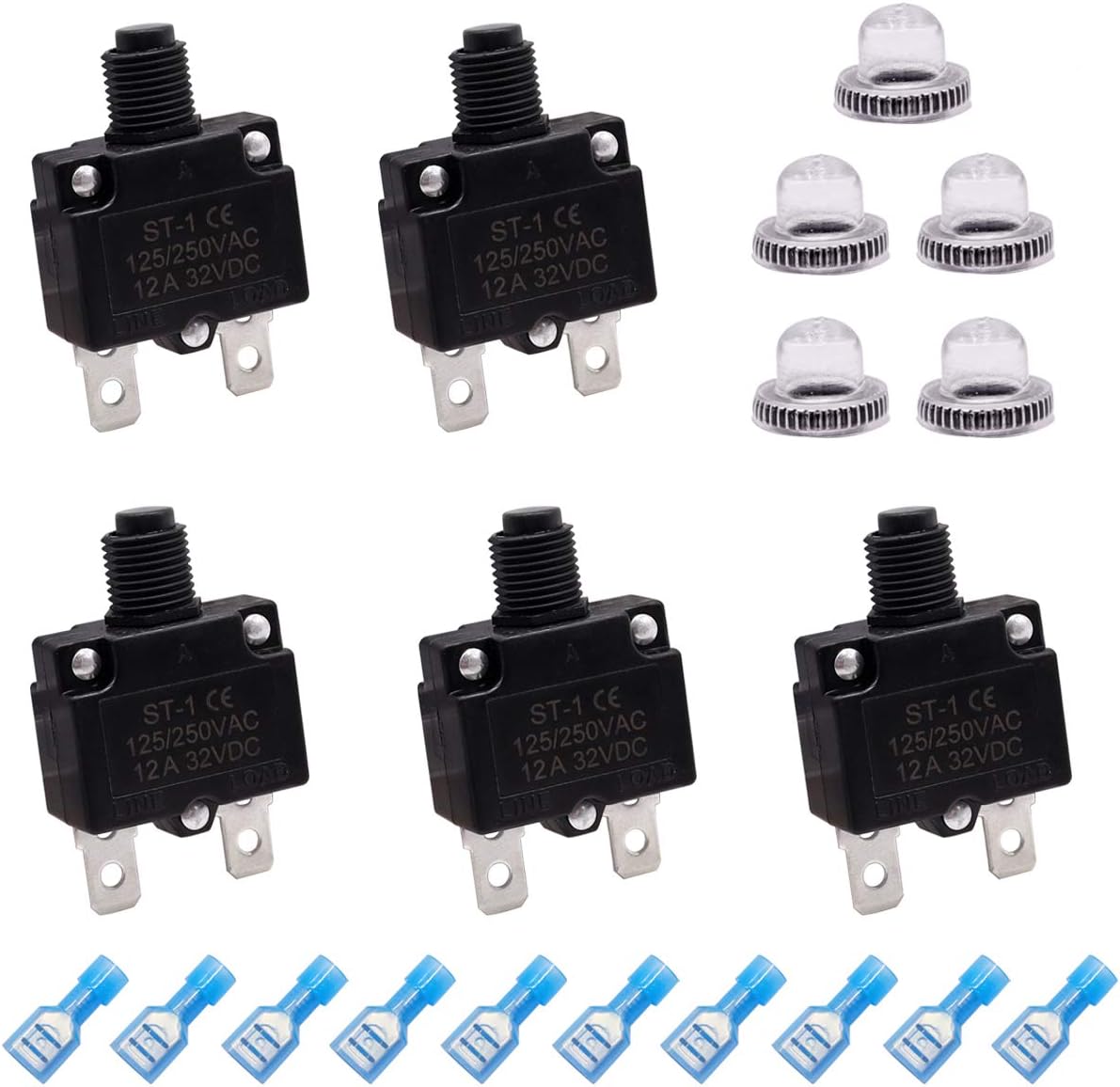 mxuteuk 5Pcs 10Amp Circuit Breakers Push Button Manual Reset 125/250V AC 32V DC,Overload Protector Switch Thermal Circuit Breakers with Quick Connect Terminals and Waterproof Button Caps ST1-5-10A : Automotive