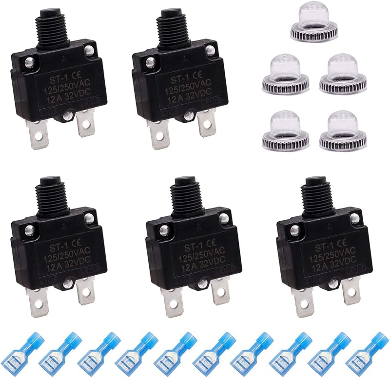 Disjuntor térmico 12 A mxuteuk com botão de rearme manual 125/250 V AC e 32 V DC CAST1-5-12A – Kit com 5 unidades
