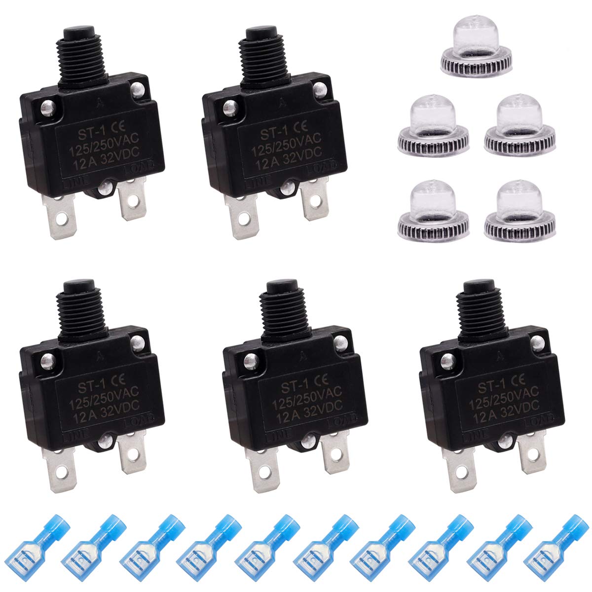 mxuteuk 5Pcs 3,5,10,15,20Amp Circuit Breakers Push Button Manual Reset 125/250V AC 32V DC,Overload Protector Switch Thermal Circuit Breakers with Quick Connect Terminals and Waterproof Button Caps — Amazon image 6