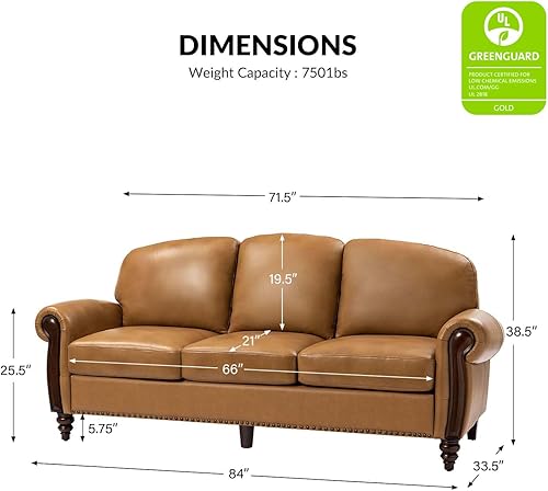 Miniatura 2 de HULALA HOME Sofá de cuero genuino de 3 plazas, sofá tradicional para sala de estar con patas de madera maciza talladas, color camello
