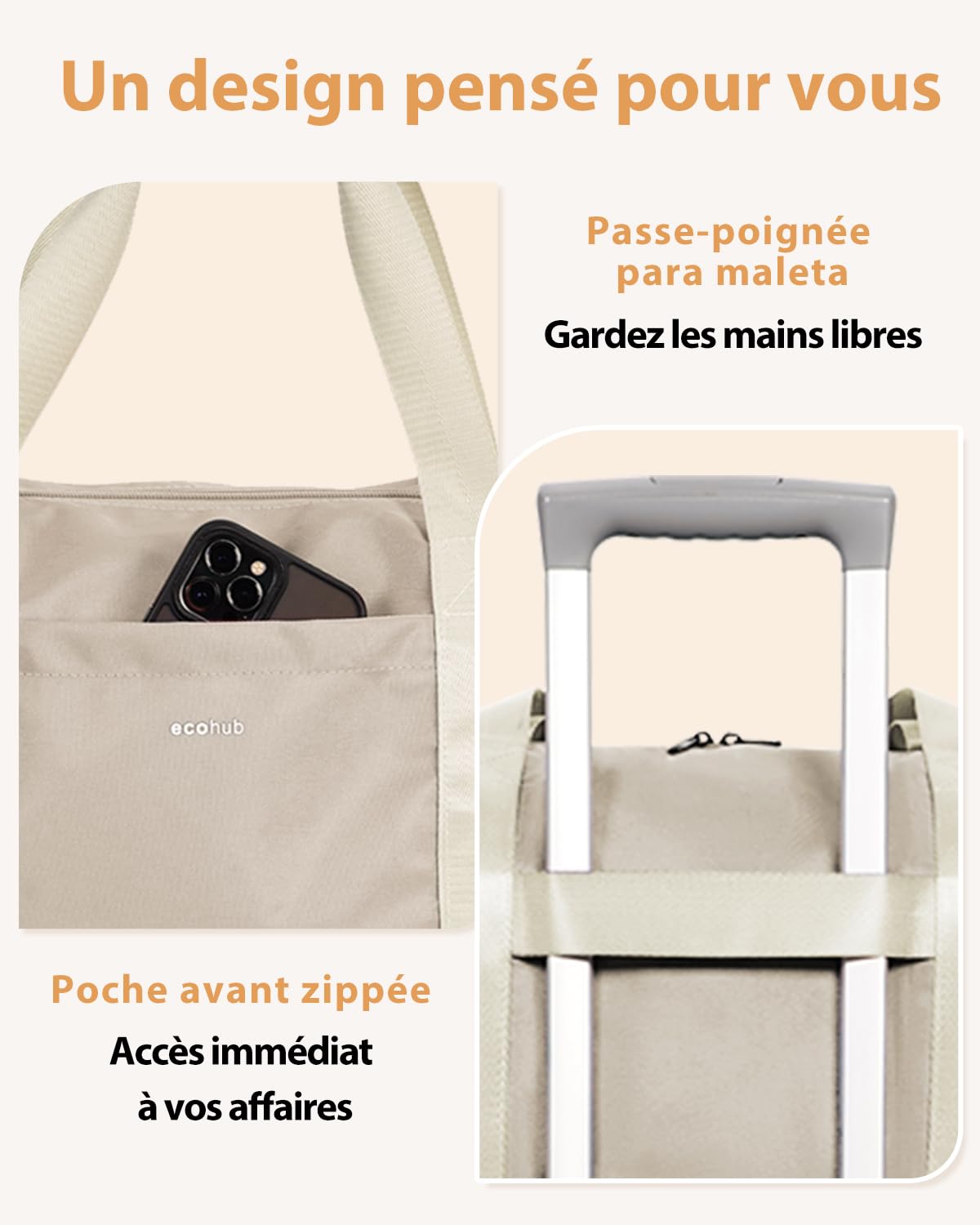 ECOHUB Bagage Cabine Pliable 30L, 45x36x20 Easyjet, à Main avec Poche Humide Amovible, Sac de Voyage Weekend pour Femmes Hommes, d'Hôpital, Brevet en Cours (Beige)