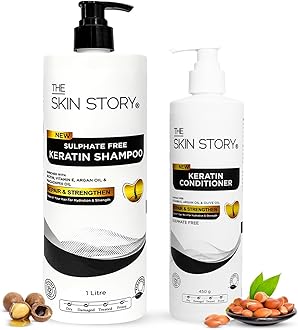 The Skin Story Sulphate Free Keratin Shampoo & Conditioner Set | Shine & Frizz-Free Hair Care | Deep Cleansing & Damage Repair with Argan, Macadamia & Vitamin E | Sulfate-Free Hair Care for Dry, Frizzy & Treated Hair | 1Litre + 450g
