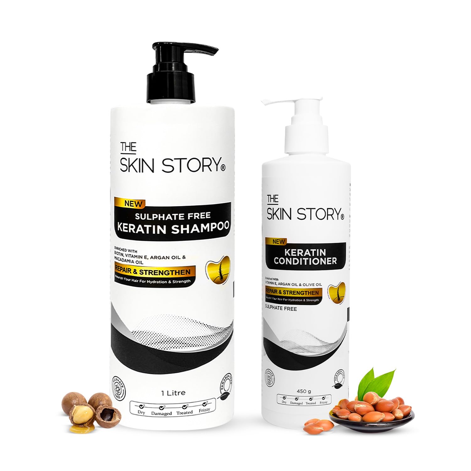 The Skin Story Sulphate Free Keratin Shampoo & Conditioner Set | Shine & Frizz-Free Hair Care | Deep Cleansing & Damage Repair with Argan, Macadamia & Vitamin E | Sulfate-Free Hair Care for Dry, Frizzy & Treated Hair | 1Litre + 450g