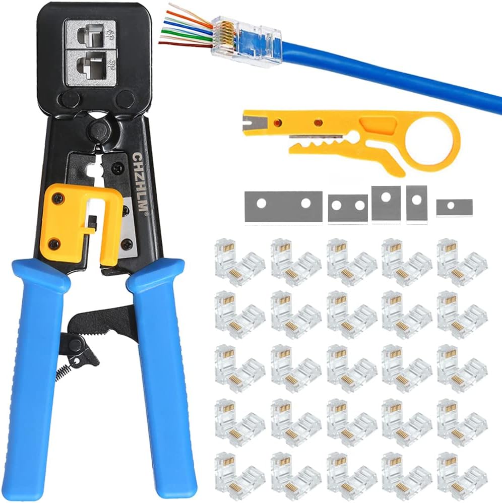 CHZHLM RJ45 Pass Through Crimper Tool Cutter for RJ45/RJ12 6P 8P Multi-Function Cable Cat5 Cat5e Cat6 Crimping tool Network Wire Stripper with 50pcs Connetors 8 blades