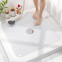 HITSLAM Non-Slip Shower Bathtub Mat 24x24 Inch with Suction Cups, Center Drain Hole, Machine Washable Clear PVC Bath Mat for Tub