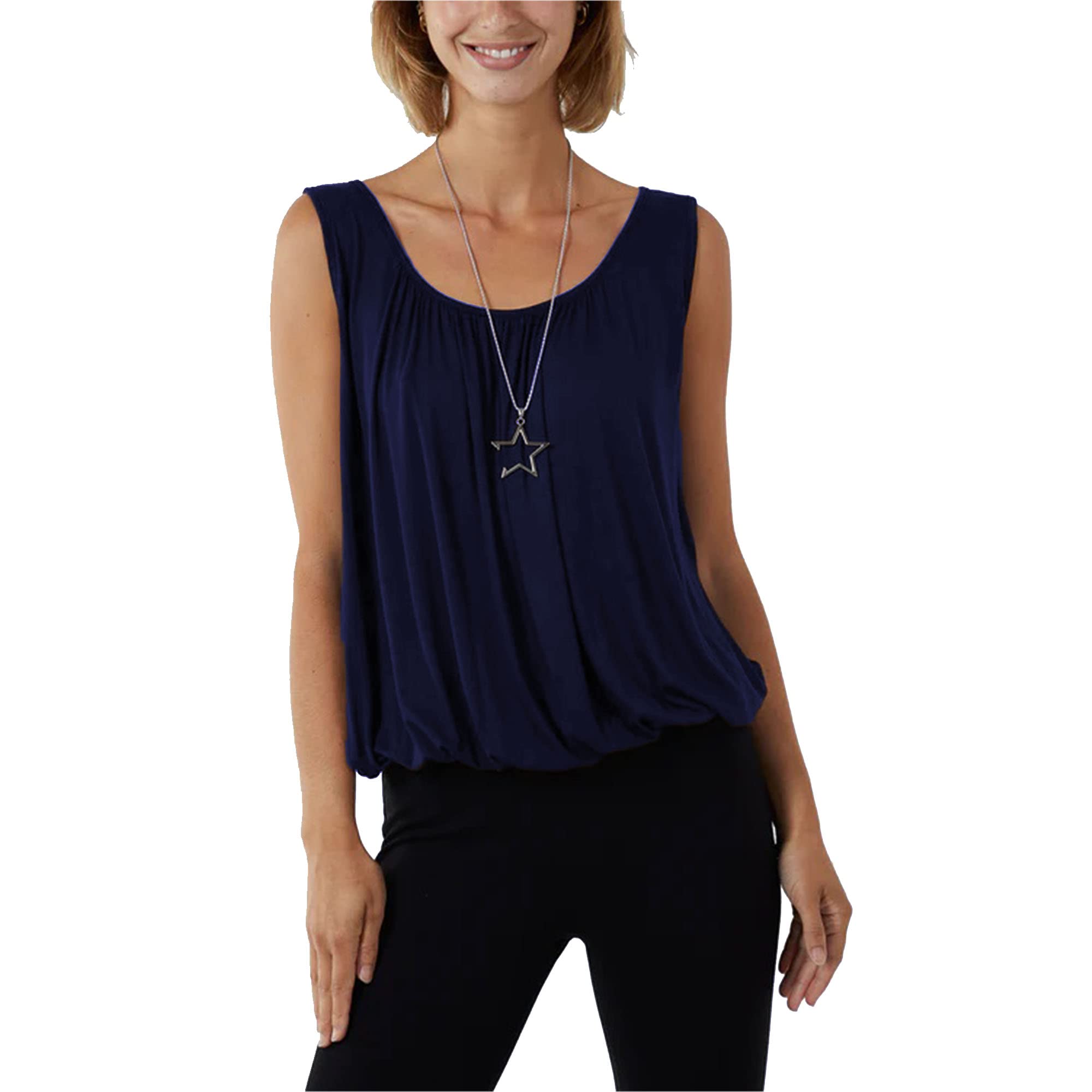 Women's Navy Relaxed Ruched Neck Sleeveless Bubble Vest Top With Necklace | Coral Black Blue Grey Green Red (S-M, )