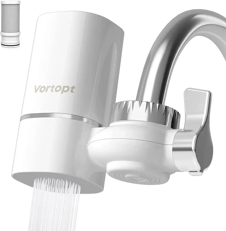 Vortopt Faucet Water Filter for Sink, Rapid Flow - 400 Gallons Faucet Mount Water Filtration System for Tap Watre, NSF Certified Reduces Chlorine & Bad Taste with 1 Replacement (White-T1-1Filter)