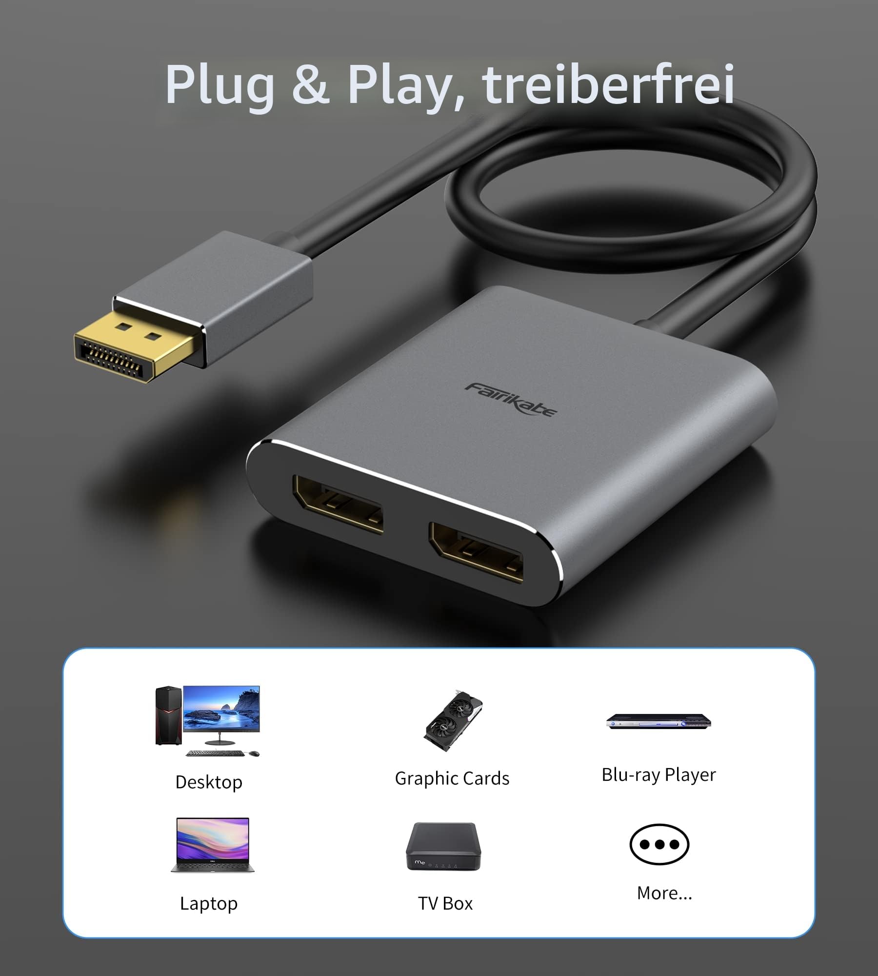 fairikabe DisplayPort zu Dual DisplayPort Splitter Adapter 4K60Hz für Dual Monitor, MST DP Adapter erweitern Display 1 in 2 Ausgänge, displayPort Hub für Desktop Computer