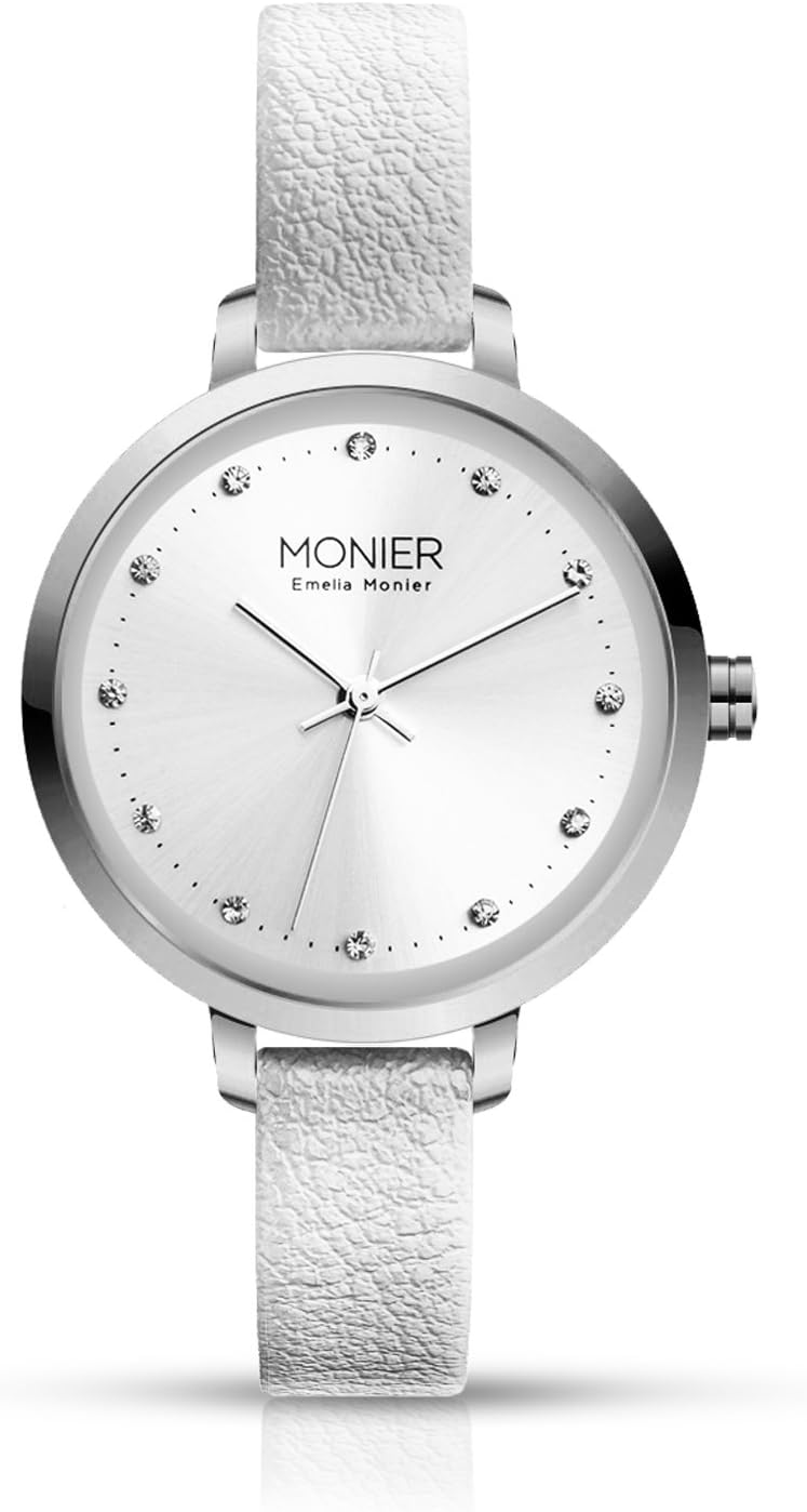 Crystal Icon Silver Tone Women's Watch with Silver Tone Sunray Dial and White Leather Strap EML004-01WT