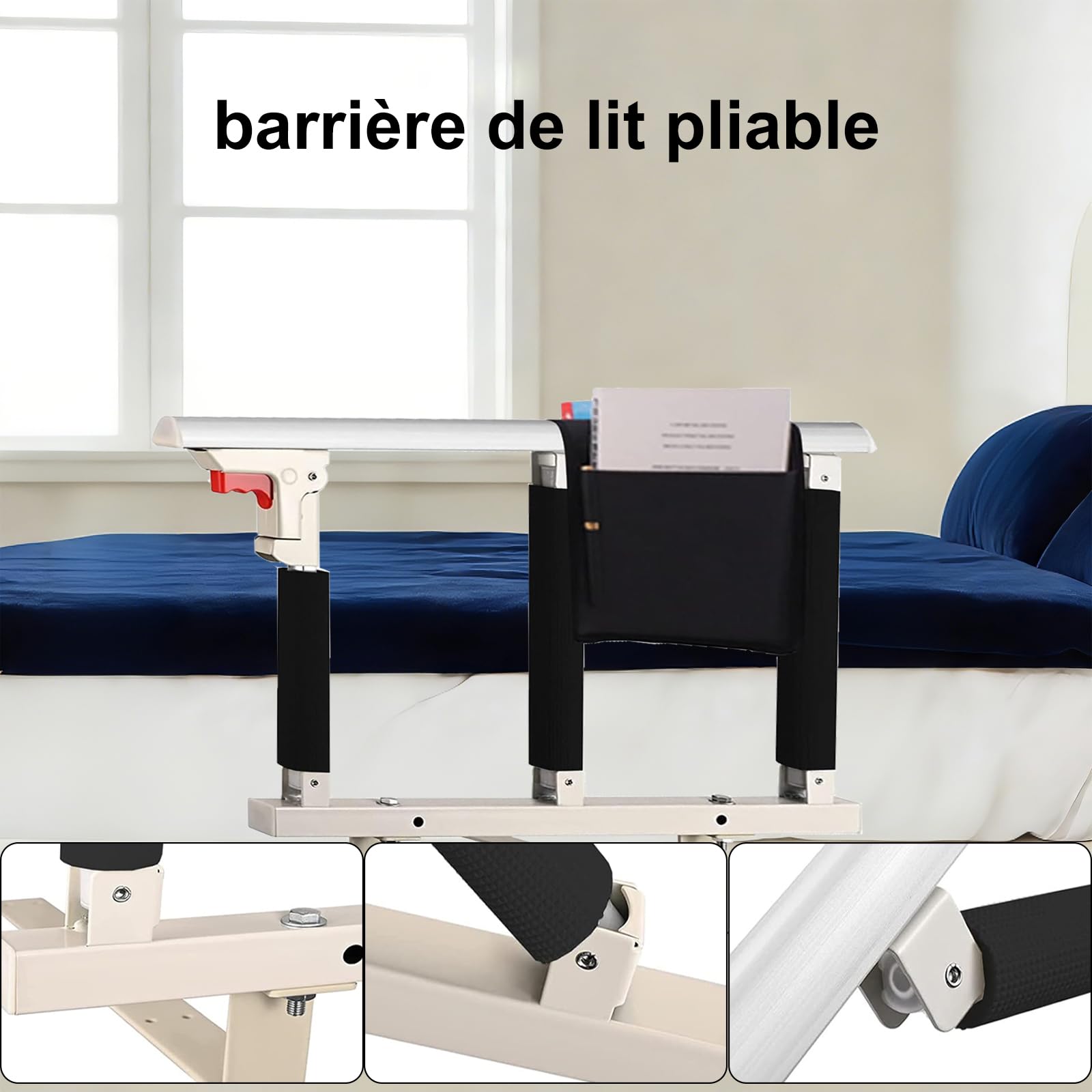 Barrière de lit, Pliable, pour Personnes âgées, Adultes, Aide à la poignée, Garde-Corps de lit Handicap, hôpital, avec Sac de Rangement, Blanc (70 x 40 cm)