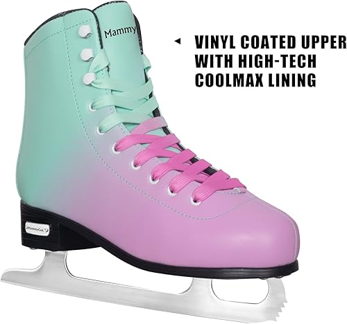 Miniatura 3 de MammyGol Patines de patinaje sobre hielo con cordones para mujer/señora/niña, soporte ligero, talla 6, 7, 8, 9, 10, 11, 12 Rosa rojo - verde azulado