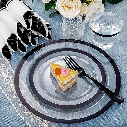 I00000 210 Pcs Clear and Black Plastic Plates, Halloween Disposable Dinnerware Set, Include 30 Dinner 30 Dessert Plates,30 Plastic Cups 9 OZ,30 Pre Rolled Napkins with Cutlery for New Year – Image 6