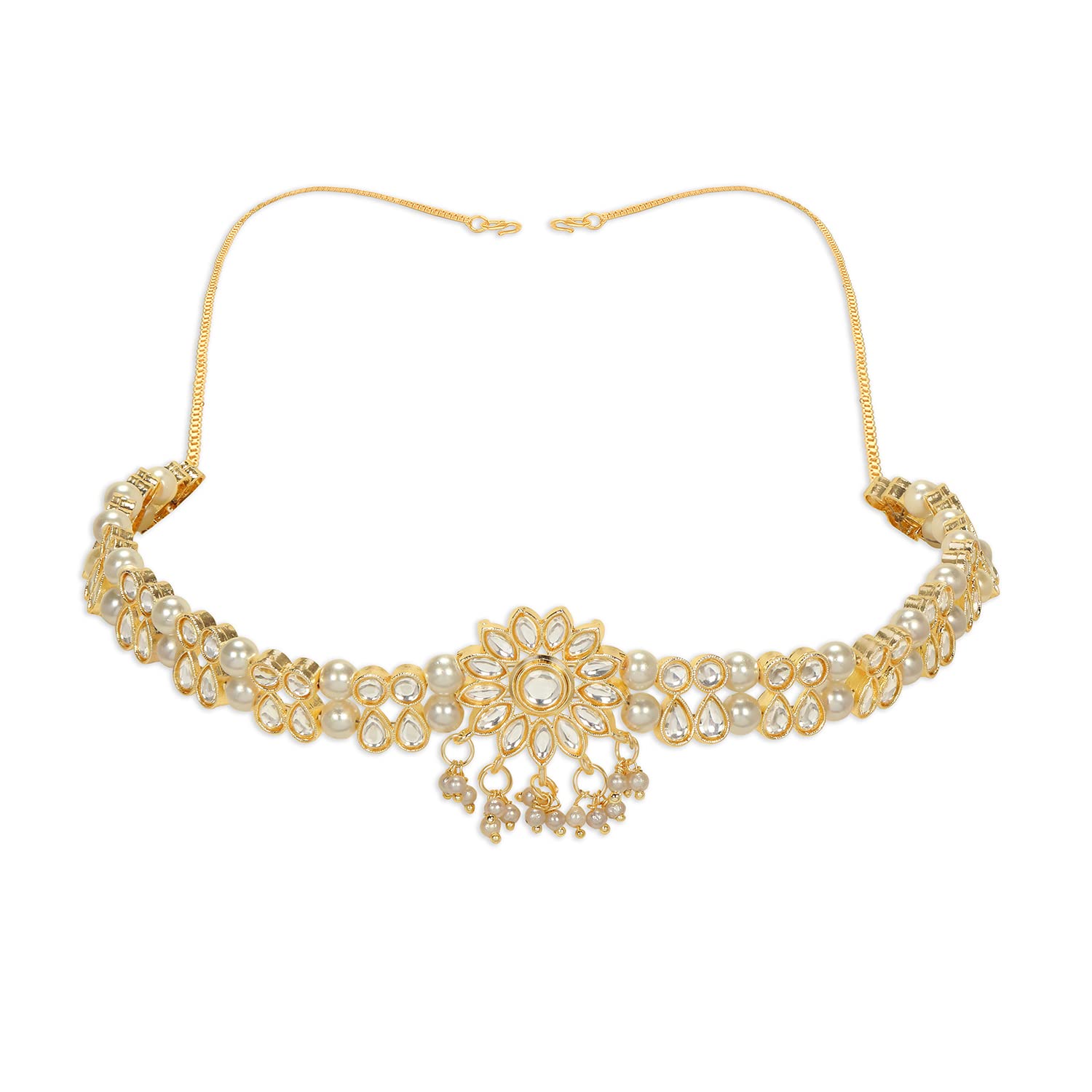 accessher Traditional Gold Plated Bridal Sheeshphool Mathapatti |Headband Damini Studded with Kundan Red Beads for Women | Gifting for karwachauth | Bridal Jewellery |-picture-24