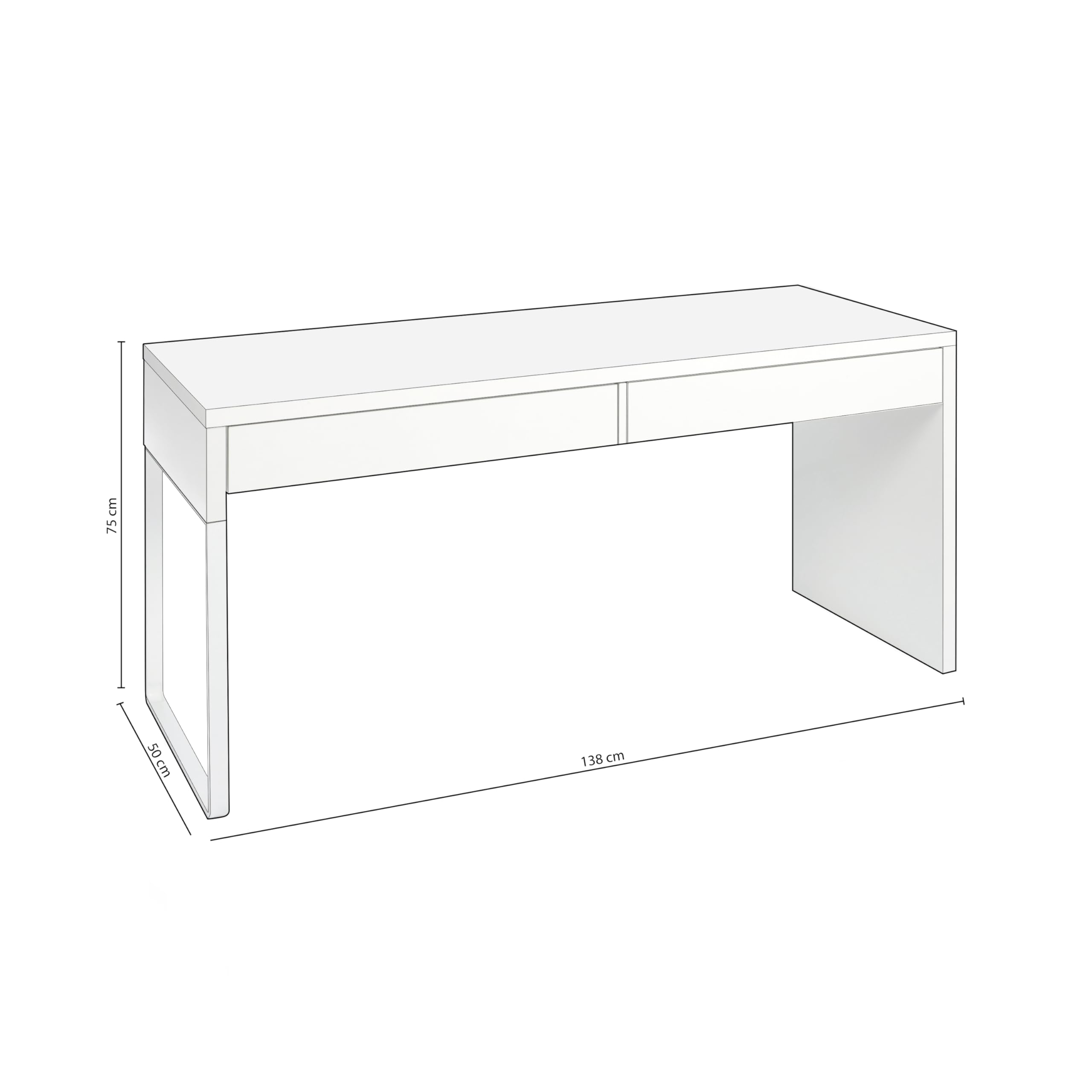 duehome | Escritorio con 2 Cajones, Mesa de Despacho, Mesa de Oficina, Modelo Roxy, Color Blanco Artik, Medidas: 138 cm (Ancho) x 50 cm (Fondo) x 75 cm (Alto)