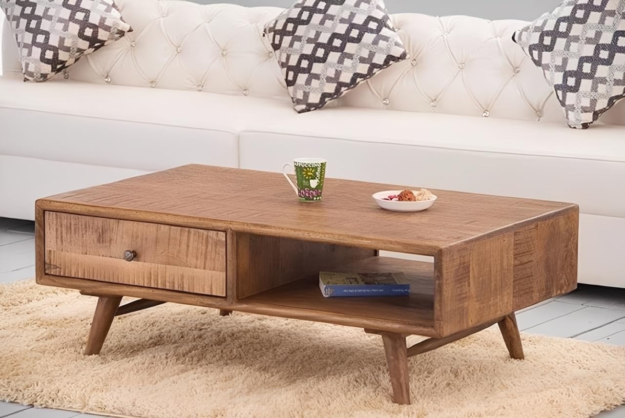 TEO Solid Wood Coffee Table for Living Room | Textured Top Centre Table with One Drawer | Mango Wood, Honey |Tea Table Furniture for Home |Ideal for Home Decor
