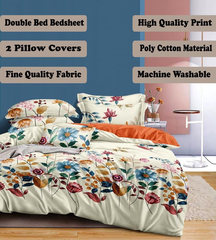 Image of Polycotton Double Bed Bedsheet, Flat Sheet with 2 Pillow Covers, Queen (90x100 inch), 300 TC, Multi & Cream, Set of 3