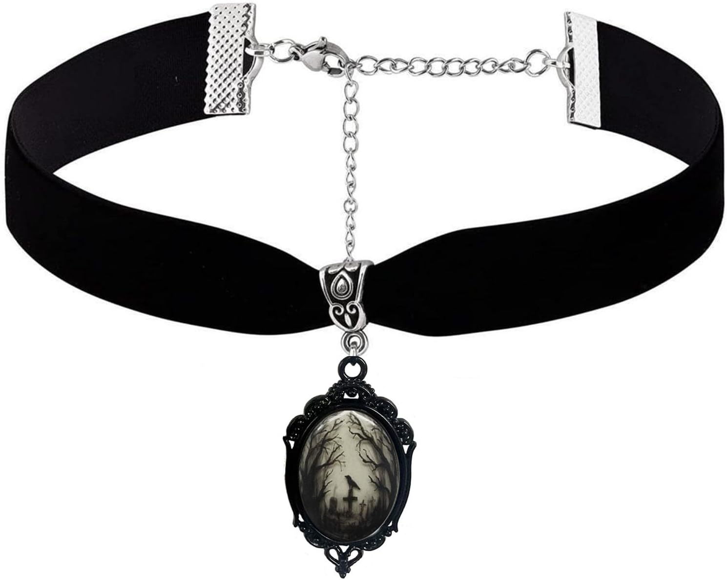 Gothic Necklace Earrings Set for Women,Vintage Black Velvet Witch/Crow/Bat Glass Pendant Necklace Punk Style Crystal Cameo Glass Jewelry Set Goth Victorian Costume Halloween Accessories - Image 2