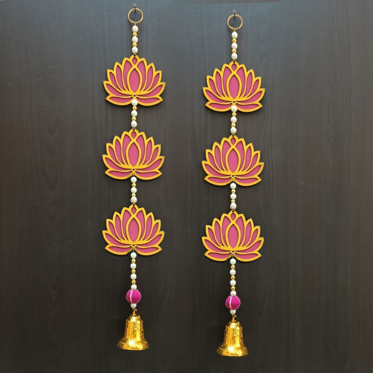 GIFT JAIPUR 3 Tier Pink Lotus & Bell Latkan Wall Hanging Jhumka Gift Decorative Showpiece for Diwali Ganesh Chaturthi Pooja Home Wall Decor Temple Wedding Stage Decoration