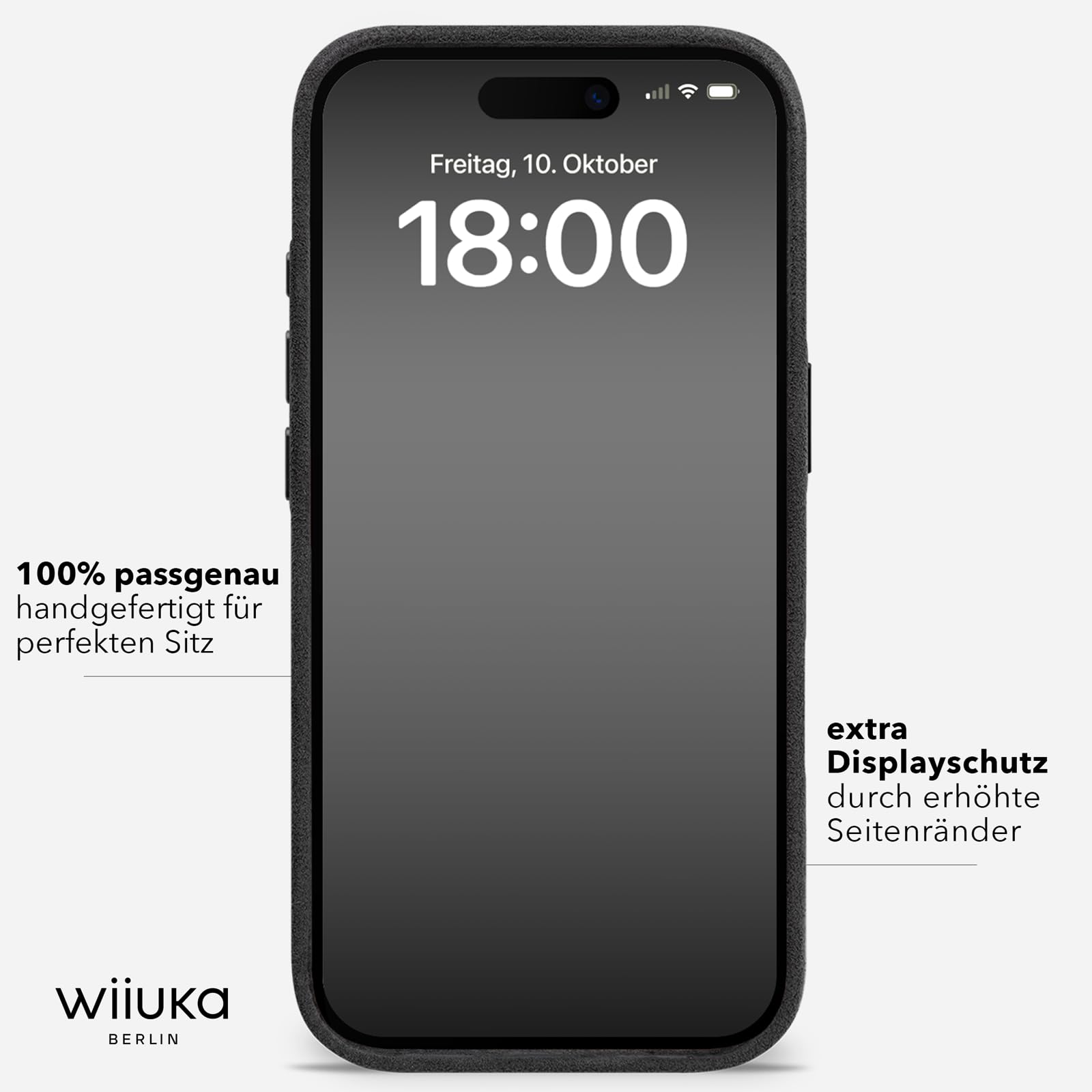 WIIUKA Hülle für iPhone 17 Pro, original Alcantara®, handgefertigt, 360° Schutz, extra schlank, Premium Handyhülle, Case, Qi, Leder-Alternative, skiin VL Alcantara®, Schwarz