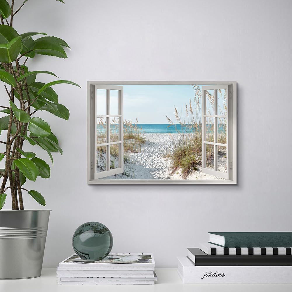Hardy Gallery beach wall art window picture: coastal canvas artwork seascape scene prints looking out fake window wall decor for bathroom 12"x16"