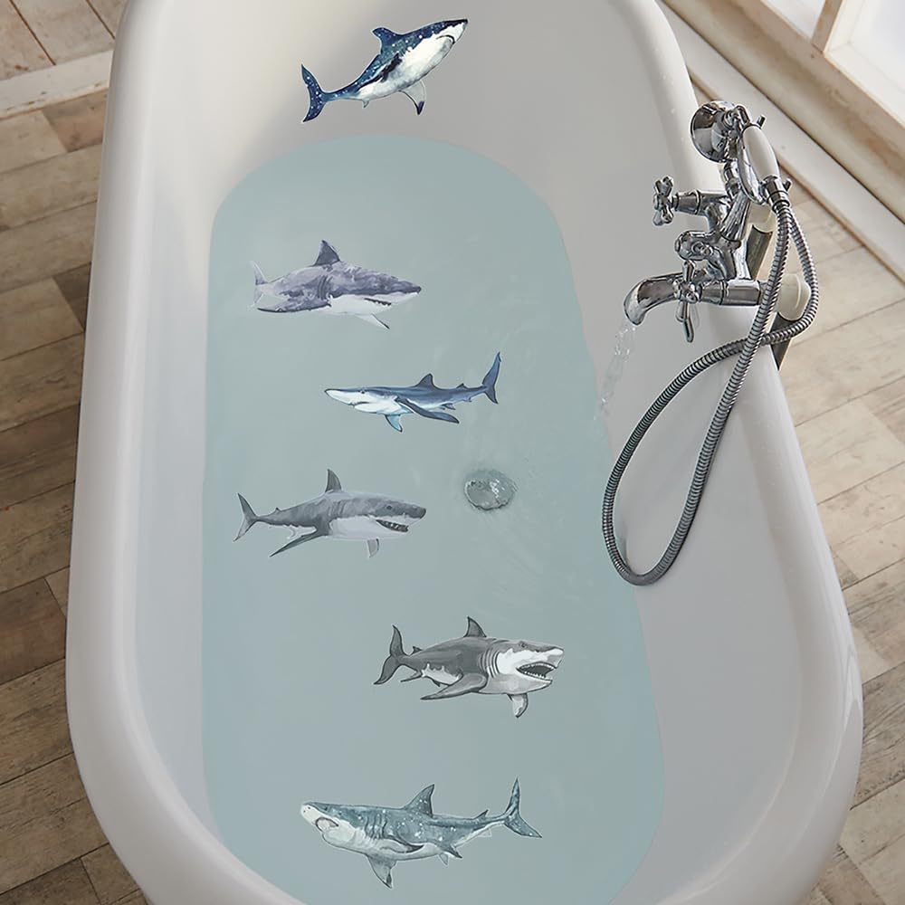 6Pcs Shark Oceans Bathtub Toilet Stickers Decals,Fish Bird Flower Leaf Waterproof Bathtub Lid Tank Seat Decals Cistern Self-Adhesive Bathroom Wall Sticker