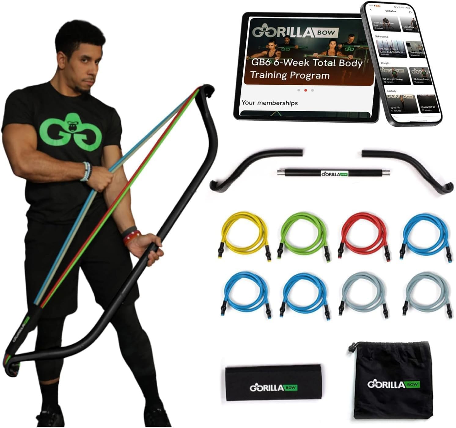 Gorilla Bow Home Gym zestaw treningowy oporowy - treningi całego ciała - regulowane paski - zestaw przenośnych urządzeń - finansowany przez Kickstarter (czarny - ciężki łuk podróżny)