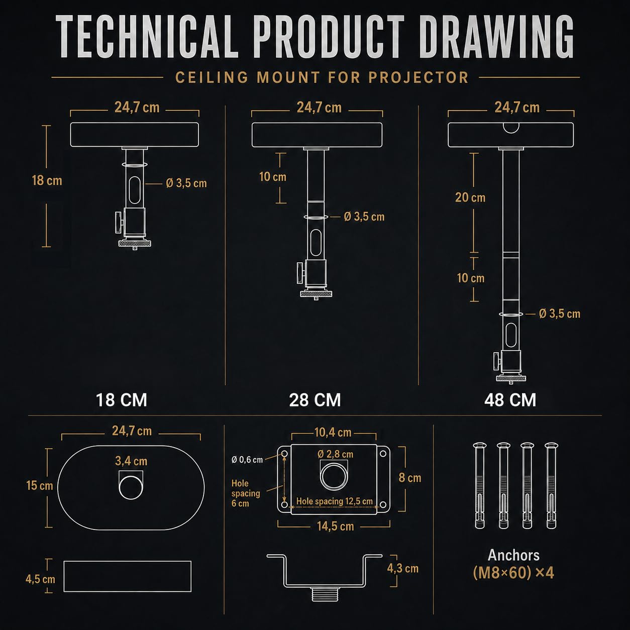 Support de plafond pour projecteur - Compartiment d'alimentation intégré, charge 10 kg, longueur réglable 18-48 cm, articulation semi-sphérique 360°, câble caché
