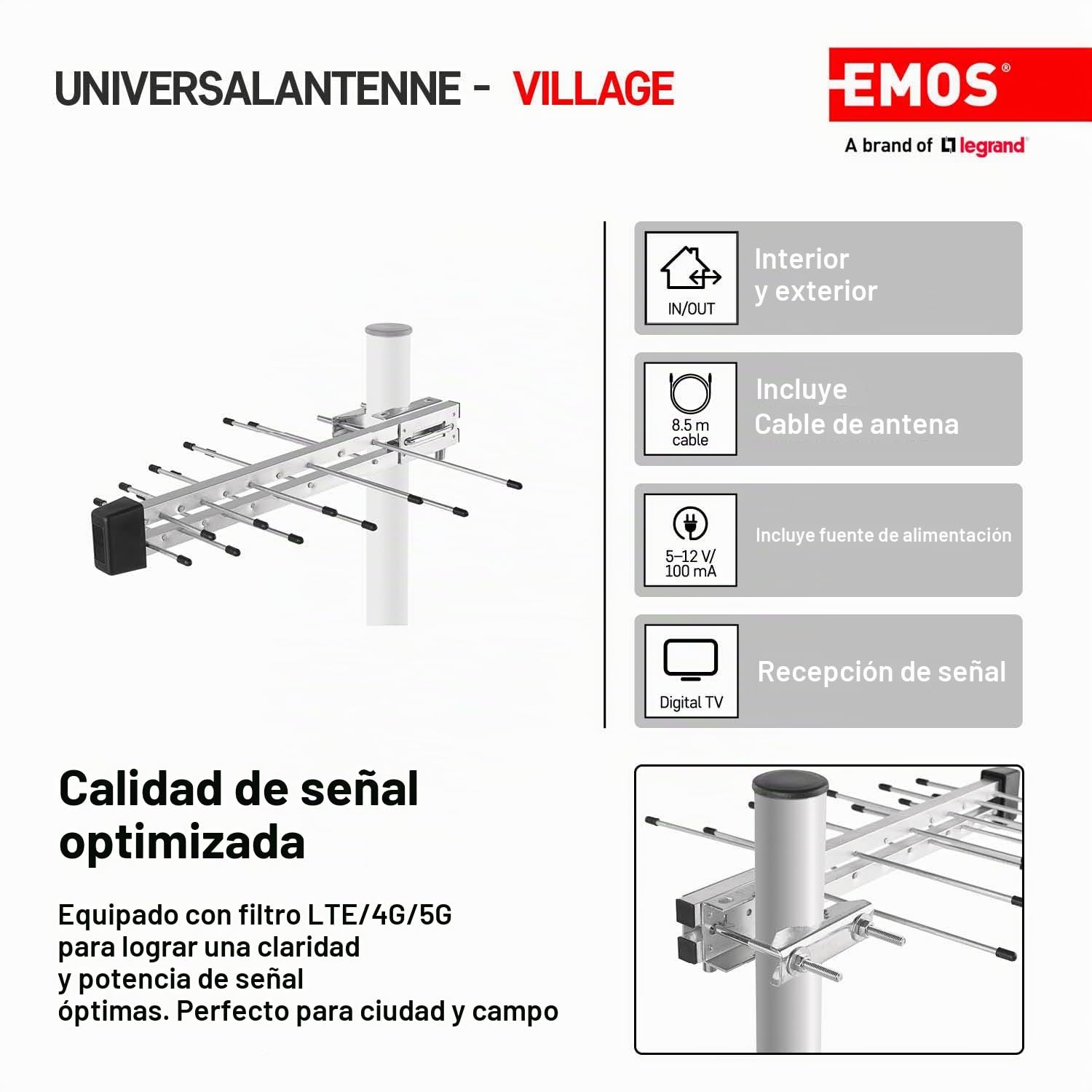 EMOS Antena Exterior DVB-T2 con Amplificador, Antena Exterior Activa para máxima Intensidad de señal, Filtro LTE Integrado y 5G, para recepción remota 0-100 km, conexión a DVB-T, Receptor DVBT-2 y TV