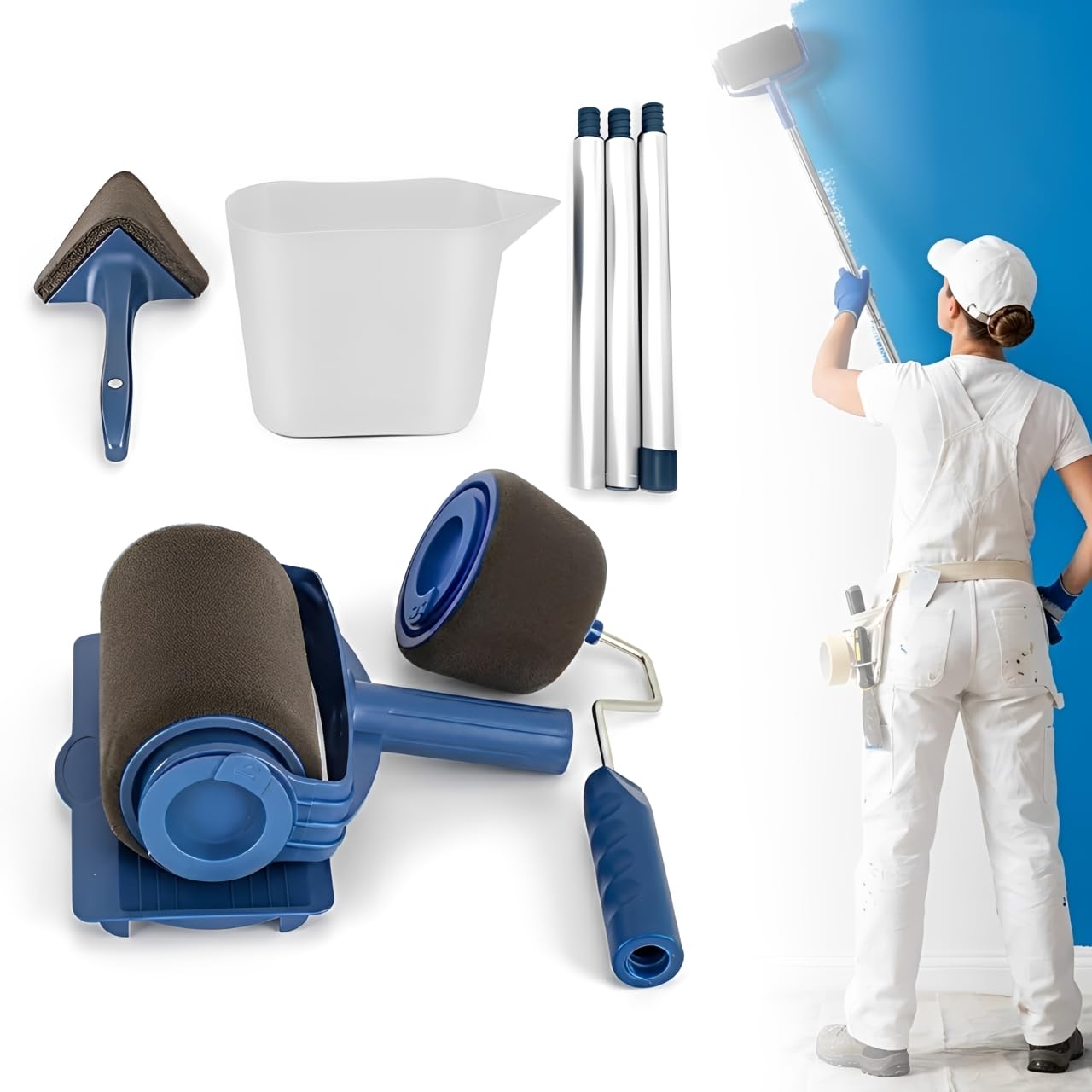 Paint Roller Set 8 Piece Professional DIY Painting Kit Washable Reusable Wall Paint Rollers with Extension Poles Paint Tray Corner Painter Edging Tool for Walls Ceilings Doors Home Office Decorating
