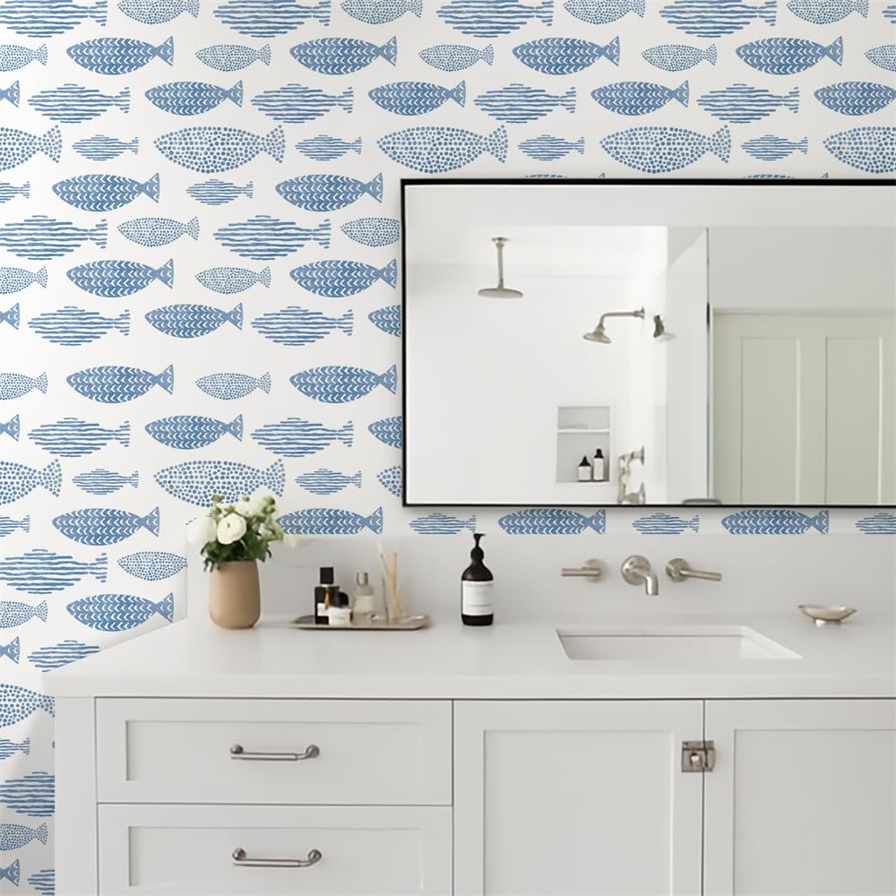 Papel Pintado Autoadhesivo Peces Mar Azul - Extraíble, Impermeable, Adhesivo Vinilo para Muebles y Decoración - 2P (38.6x250.6cm)