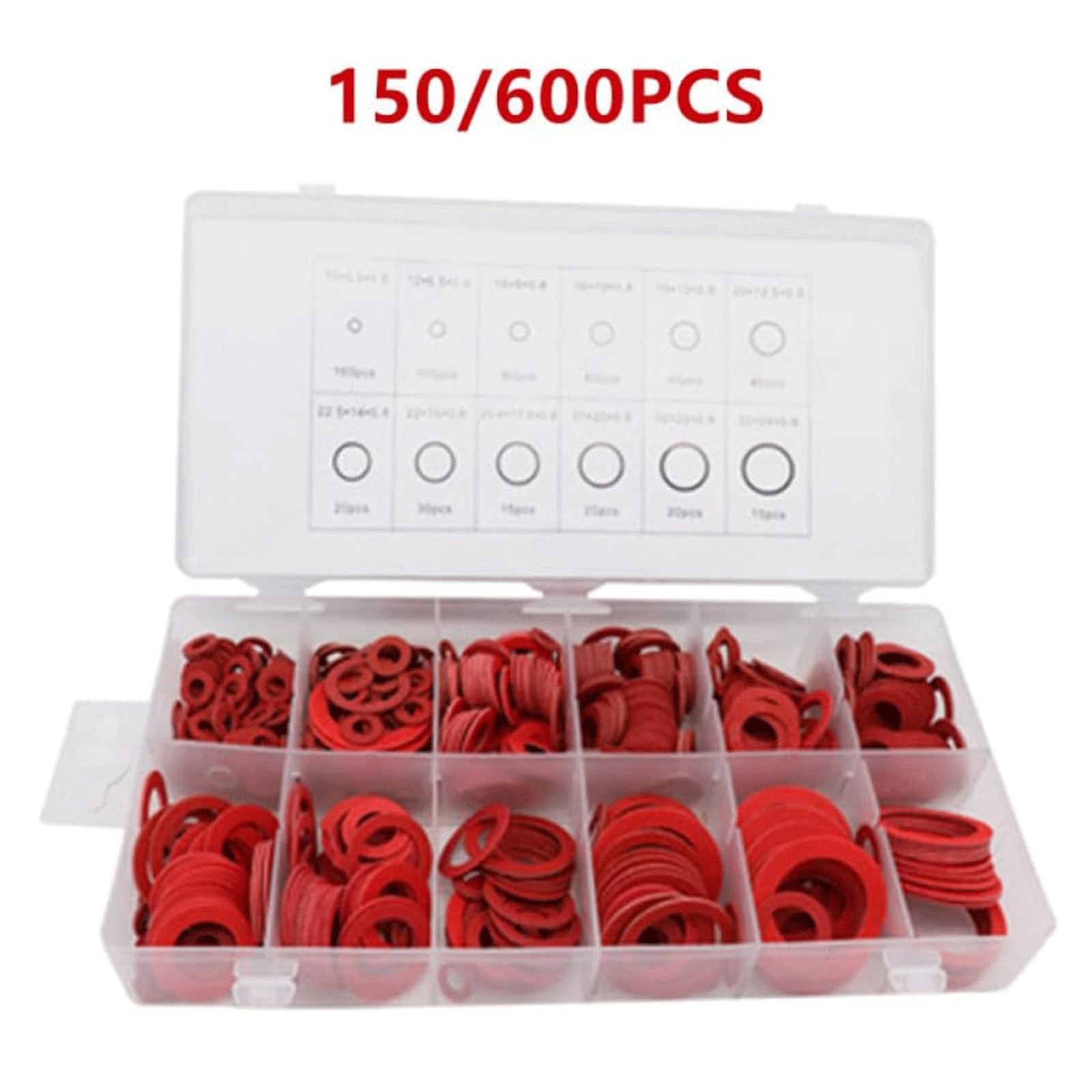 BKEKM Flache Unterlegscheibe, 150/600 Stück, Unterlegscheibe, roter Stahl, Papierfaser, Flache Unterlegscheibe, Schraubensatz, Flache Ringdichtung, Flache Dichtung, flaches Unterlegscheiben-Set