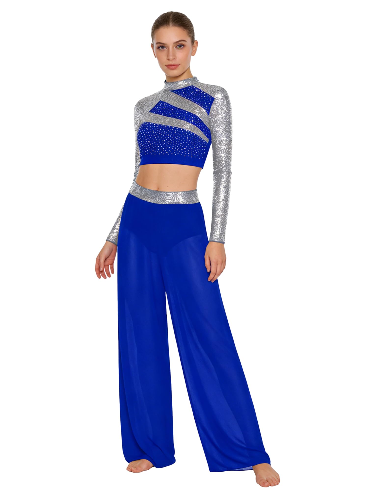 Femme Robe Danse Lyrique Contemporaine Latin Dance Costume Crop Top Pantalon Large Combinaison Gymnastique Rythmique avec Strass Paillettes Tenue Patinage Artistique