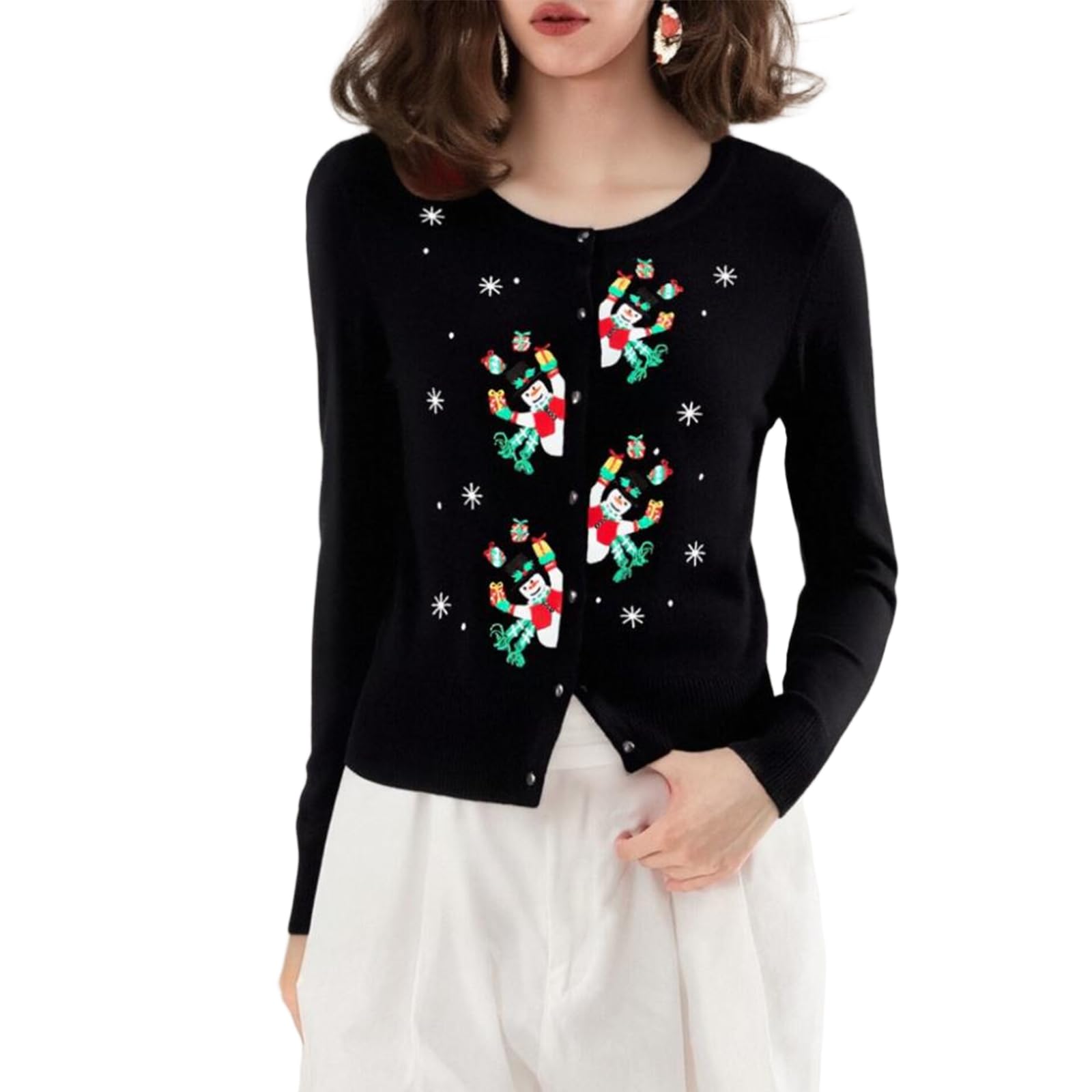 Womens Christmas Cardigan Sweater Cute Santa Embroidery Long Sleeve Button Open Front Lightweight Knitwear