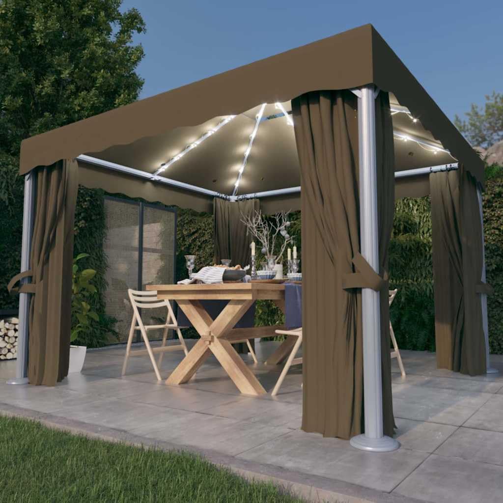 Pawilon 3 x 3 m z zasłonami i łańcuchem świetlnym LED, kolor taupe, aluminiowa rama stalowa, odporna na warunki atmosferyczne, składany, z ochroną przed promieniowaniem UV i moskitierą, do