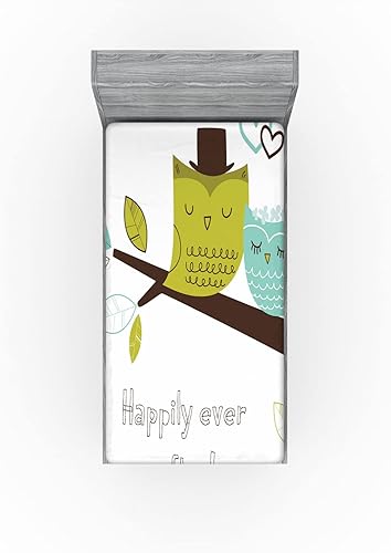 Miniatura 3 de Lunarable Owls Fitted Sheet, 2 Owls on Tree Branch Happily Ever After Message Romantic Art, Bed Cover with All-Round Elastic Deep Pocket for